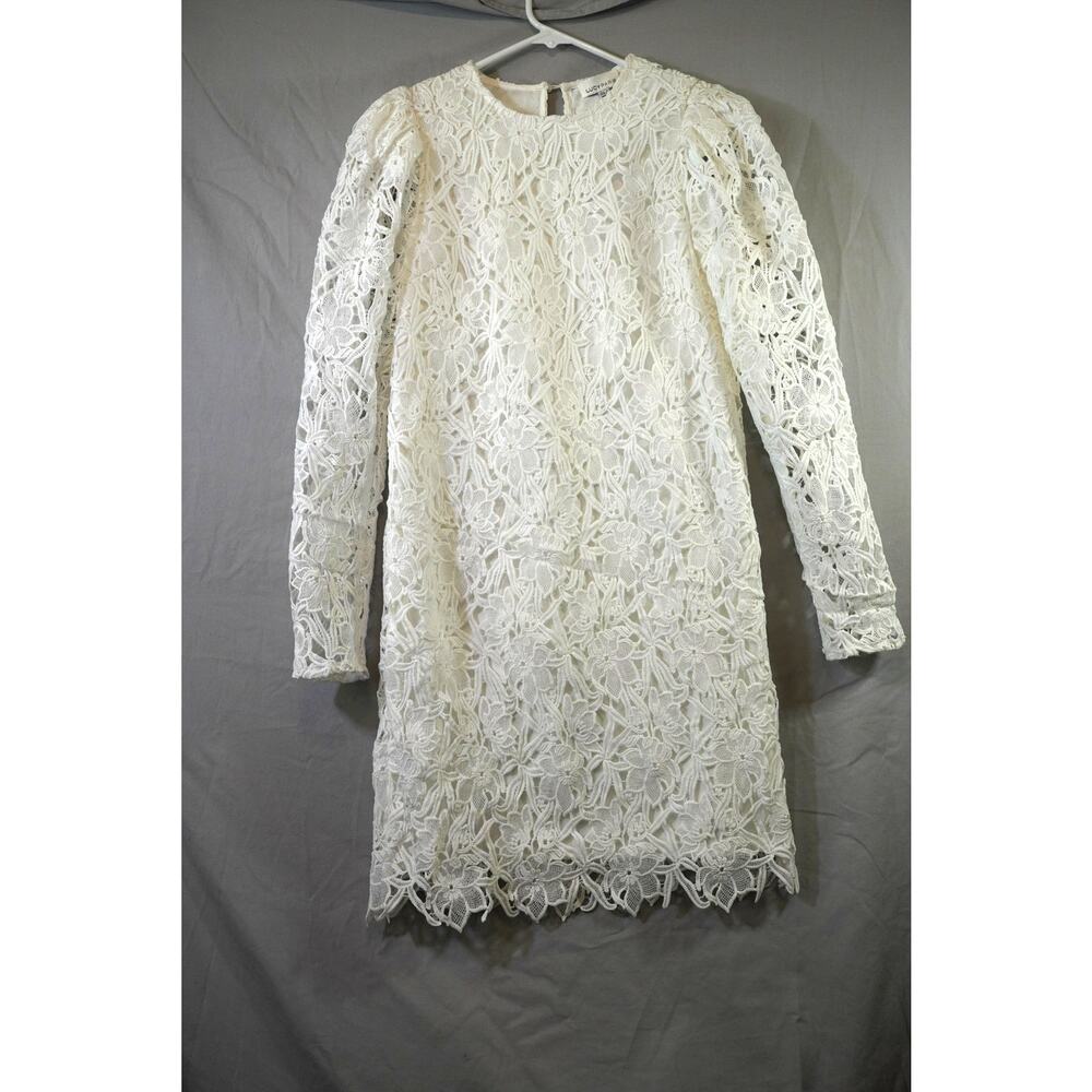 Lucy Paris NWT Rare Proto Sample White Guipure Lace Puff Sleeve Mini Dress S